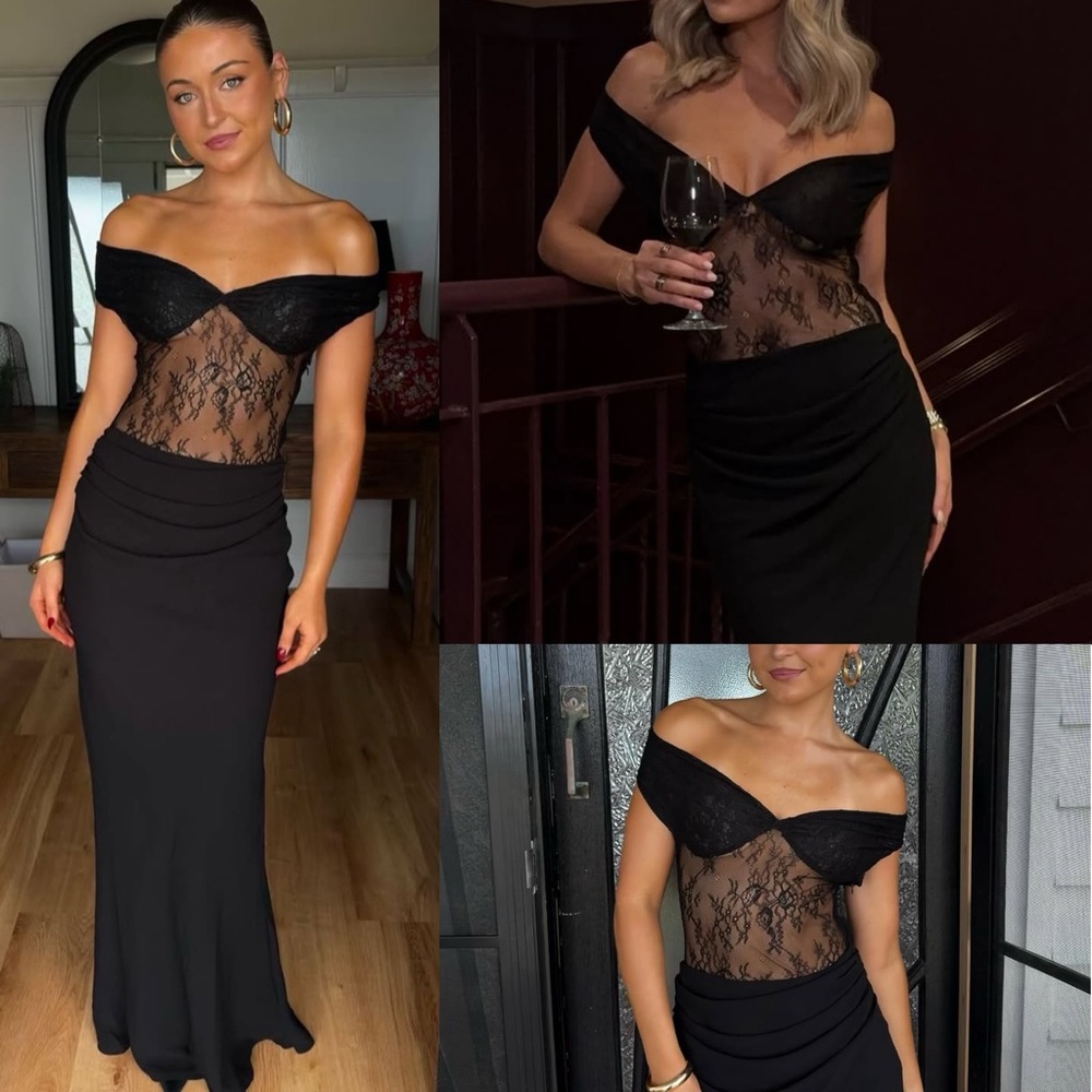 Peppermayo Black Lace Off-Shoulder Maxi Dress